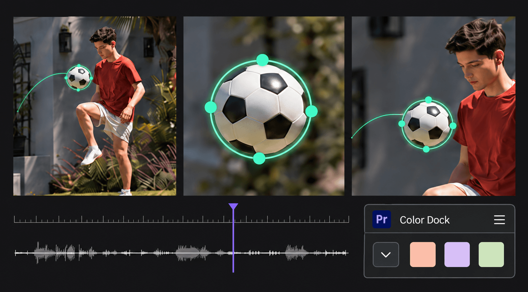 Track to Motion soccer-ball tracking, an audio waveform and three color chips in the Premiere Pro Color Dock panel